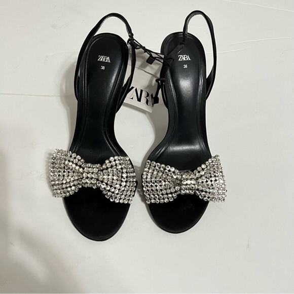 Zara Black HIGH-HEEL SANDALS WITH EMBELLISHED BOW Size 7.5 - Picture 12 of 16